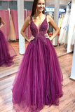 A Line Purple Tulle Beading Long Prom Dresses with Appliques 