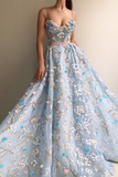 A-Line Lace Spaghetti Straps Long Light Blue Prom Dress PFP0152