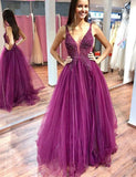 A Line Purple Tulle Beading Long Prom Dresses with Appliques PFP0663