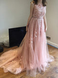 A-Line Court Train Backless Pink Tulle Prom Dress with Lace Appliques PFP0153