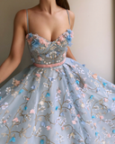 A-Line Lace Spaghetti Straps Long Light Blue Prom Dress PFP0152