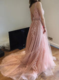 A-Line Court Train Backless Pink Tulle Prom Dress with Lace Appliques PFP0153