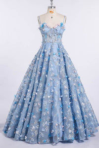Princess Spaghetti Strap 3D Flower Applique Sky Blue Prom Dresses Ball Gowns