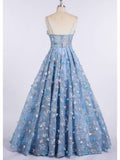 Princess Spaghetti Strap 3D Flower Applique Sky Blue Prom Dresses Ball Gowns PFP0665