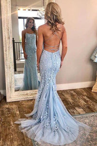 Blue Lace Applique Mermaid Sexy Cheap Long Prom Dress PFP0155