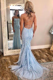 Blue Lace Applique Mermaid Sexy Cheap Long Prom Dress PFP0155