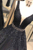 A Line Black Prom Dresses With Appliques, Formal Evening Dress PFP0485