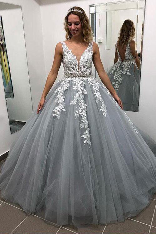 Gray V Neck Long Prom Dress for Teens, Puffy Appliqued Ball Gown with Beading