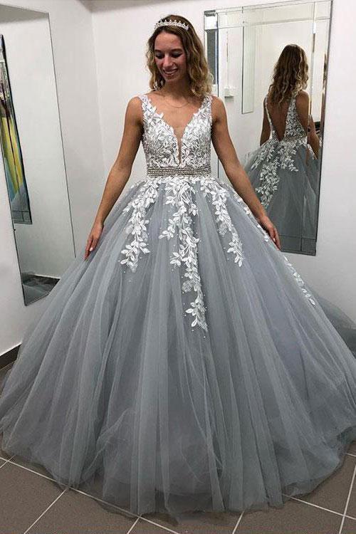 Gray V Neck Long Prom Dress for Teens, Puffy Appliqued Ball Gown with Promfast Gray V Neck Long Prom Dress for Teens, Puffy Appliqued Ball Gown with Promfast