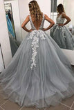 Gray V Neck Long Prom Dress for Teens, Puffy Appliqued Ball Gown with Beading PFP0666