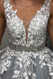 Gray V Neck Long Prom Dress for Teens, Puffy Appliqued Ball Gown with Beading PFP0666