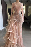 Chic Pink Sheath Long Sleeve Beading Ruffles Tulle Prom Dress PFP0157