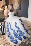 White Scoop Tulle Blue Lace Long Prom Dress, Evening Dress PFP0159