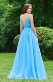 Blue V Neck A Line Sleeveless Appliques Backless Floor Length Prom Dresses PFP0158
