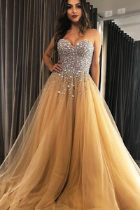 Promfast Sweetheart Champagne Tulle Sweep Train Prom Evening Dresses With Beading PFP1796