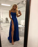 Royal Blue Spaghetti Strap A Line Prom Dress Sexy Long Split Party Dresses PFP0453