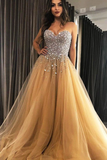 Promfast Sweetheart Champagne Tulle Sweep Train Prom Evening Dresses With Beading PFP1796