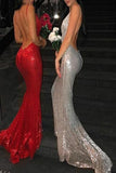 Mermaid Long Prom Dresses Backless Red Silver Sequin Long Evening Dresses PFP1533