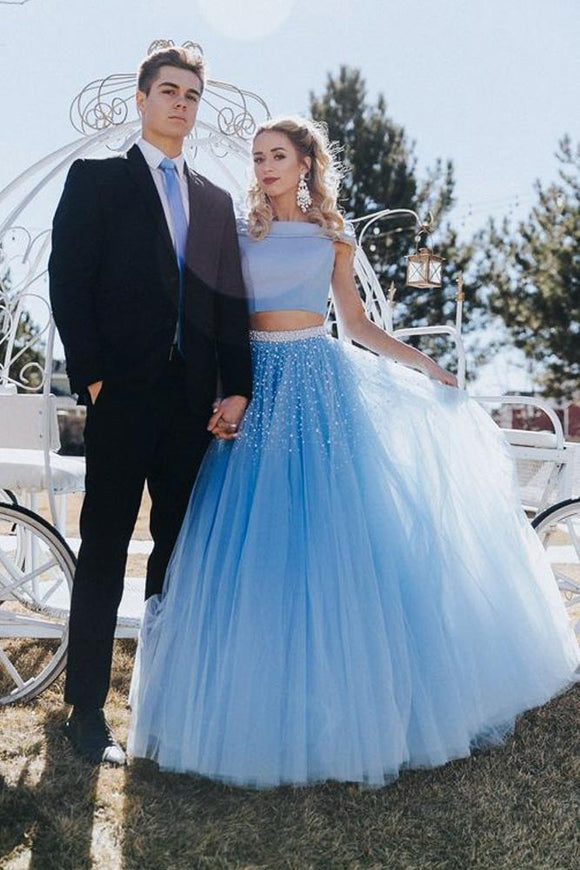 Stunning A Line Off the Shoulder Two Piece Sky Blue Tulle Prom Dresses