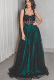 A Line Long Dark Green Black Straps Prom Dresses, Cheap Evening Gown
