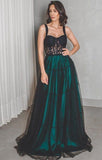 A Line Long Dark Green Black Straps Prom Dresses, Cheap Evening Gown PFP0670