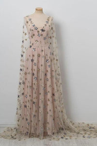 Chic V neck Floor Length Stars Pink Prom Dresses,Long Evening Dress PFP0164