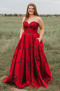 New Arrival Burgundy Sweetheart Floral Long Plus Size Prom Dresses with Pockets