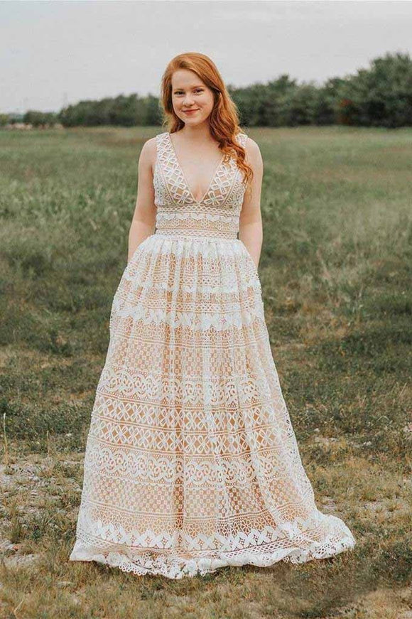 Ivory V Neck Long Lace Plus Size Prom Dresses with Pocket Vintage Form Promfast Ivory V Neck Long Lace Plus Size Prom Dresses with Pocket Vintage Form Promfast