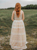 Ivory V Neck Long Lace Plus Size Prom Dresses with Pocket Vintage Formal Dress PFP0672