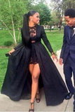 Vintage Long Sleeve Sexy Black A-Line Lace Satin Prom Dresses PFP0167