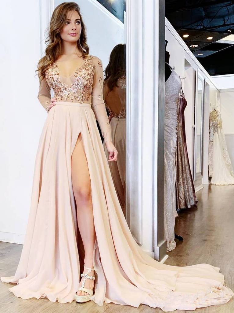 dark beige dress Long Sleeve See Through V Neck Prom Dresses Side Slit Formal Prom Part –  Promfast