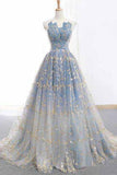 Blue and Gold Lace Ball Gown Prom Dresses, Sweet 16 Princess Quinceanera Dress