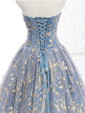 Blue and Gold Lace Ball Gown Prom Dresses, Sweet 16 Princess Quinceanera Dress PFP0675