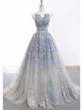 Blue and Gold Lace Ball Gown Prom Dresses, Sweet 16 Princess Quinceanera Dress PFP0675