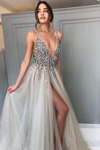 Long Backless Grey Sexy Prom Dresses with Slit Cheap Beaded Evening Gowns