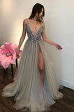 Long Backless Grey Sexy Prom Dresses with Slit Cheap Beaded Evening Gowns PFP0676