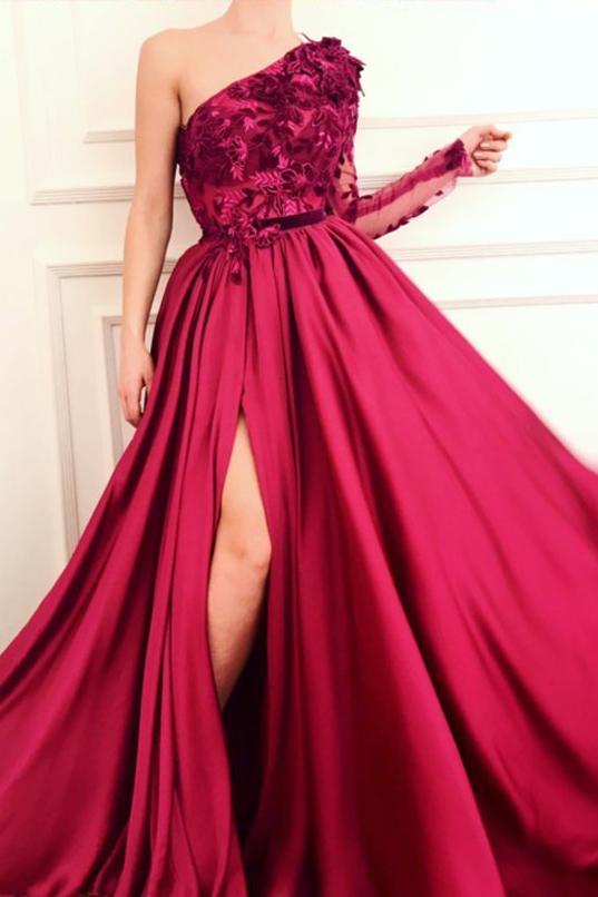 Burgundy A Line Applique Long Sleeve One Shoulder Prom Dresses With Slit