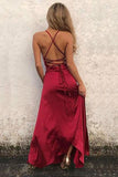 Red A-Line Spaghetti Straps Sleeveless Floor-Length Sexy Slit Prom Dresses PFP0171