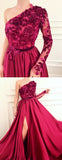 Burgundy A Line Applique Long Sleeve One Shoulder Prom Dresses With Slit PFP0677