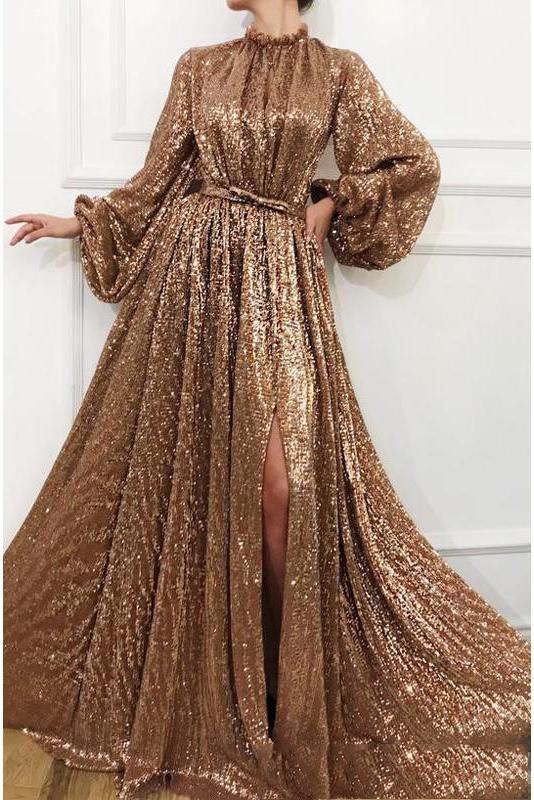 Charming A Line Long Sleeve Sequin High Neck Prom Dresses