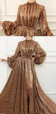 Charming A Line Long Sleeve Sequin High Neck Prom Dresses PFP0678
