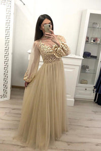 Stunning A Line Long Sleeve Tulle Appliques Prom Dresses 