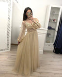 Stunning A Line Long Sleeve Tulle Appliques Prom Dresses PFP0679