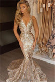Charming Mermaid Trumpet Deep V Neck Sleeveless Sparkle Long Prom Dresses PFP0176