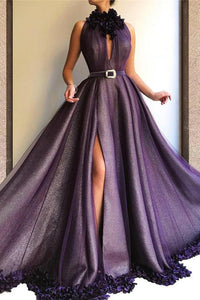 Purple Long A-line Split Cheap Prom Dresses With Flowers