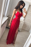 Simple Sexy Red Side Slit Spaghetti Straps Long Evening Prom Dresses PFP0177