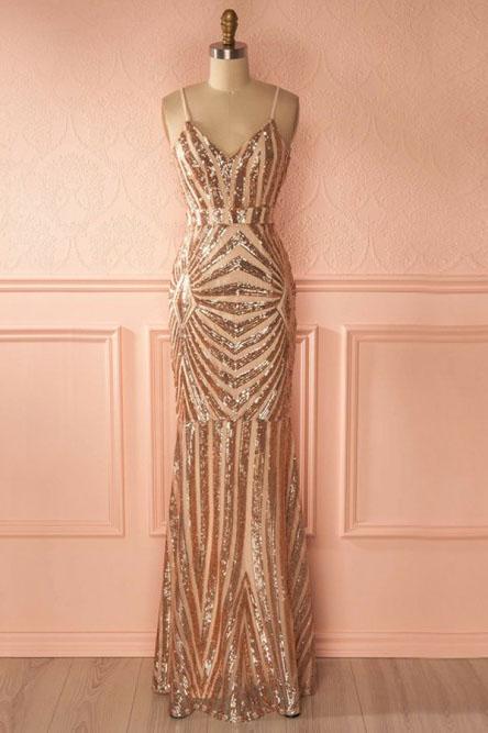 Mermaid Spaghetti Straps Rose Gold Long Sexy Prom Dress with Sequins PFP0179