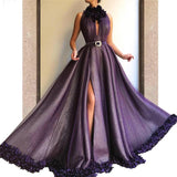 Purple Long A-line Split Cheap Prom Dresses With Flowers PFP0682