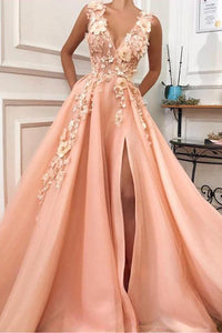Charming V neck Long Prom Dress,Tulle Evening Party Dress with Flower
