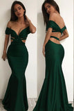 Sexy Off the Shoulder Cross Backless Green Mermaid Prom Dresses PFP0180